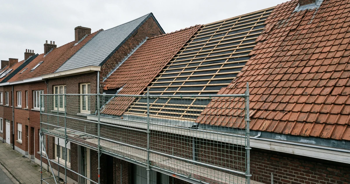 Dakvlak waarvan een deel van de pannen is verwijderd tot op de panlatten
