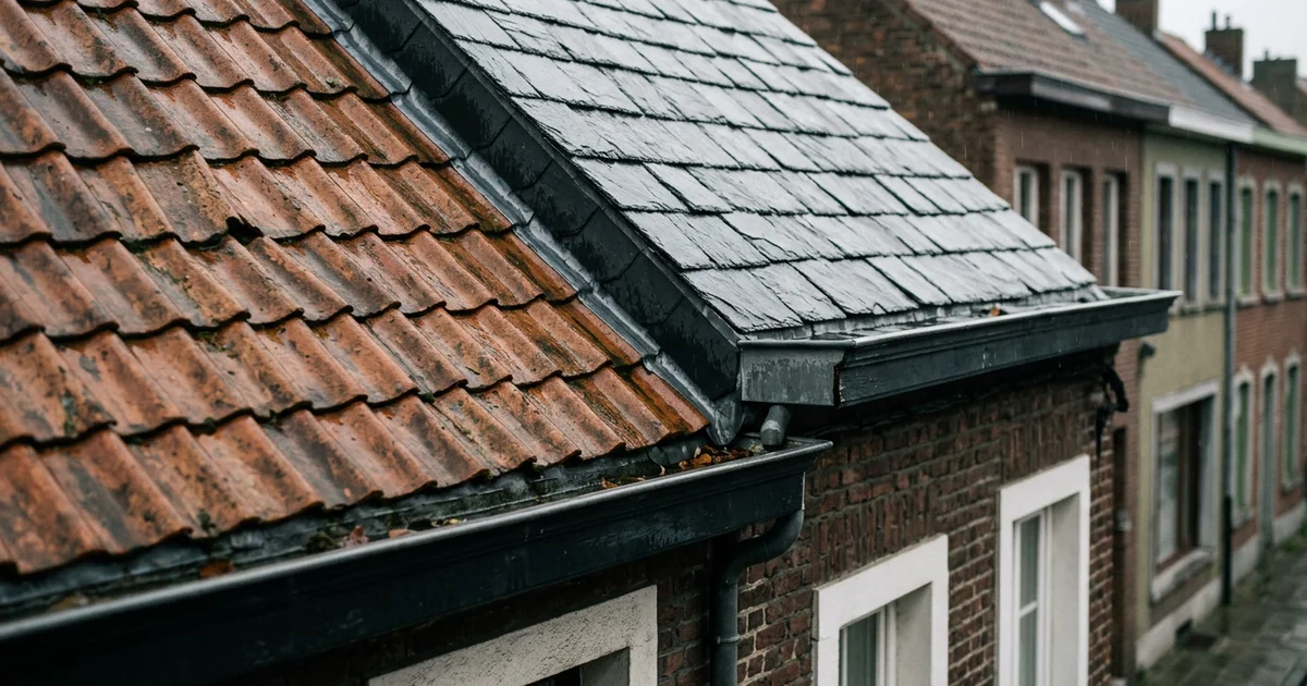 Close-up van keramische dakpannen en leien op twee dakvlakken