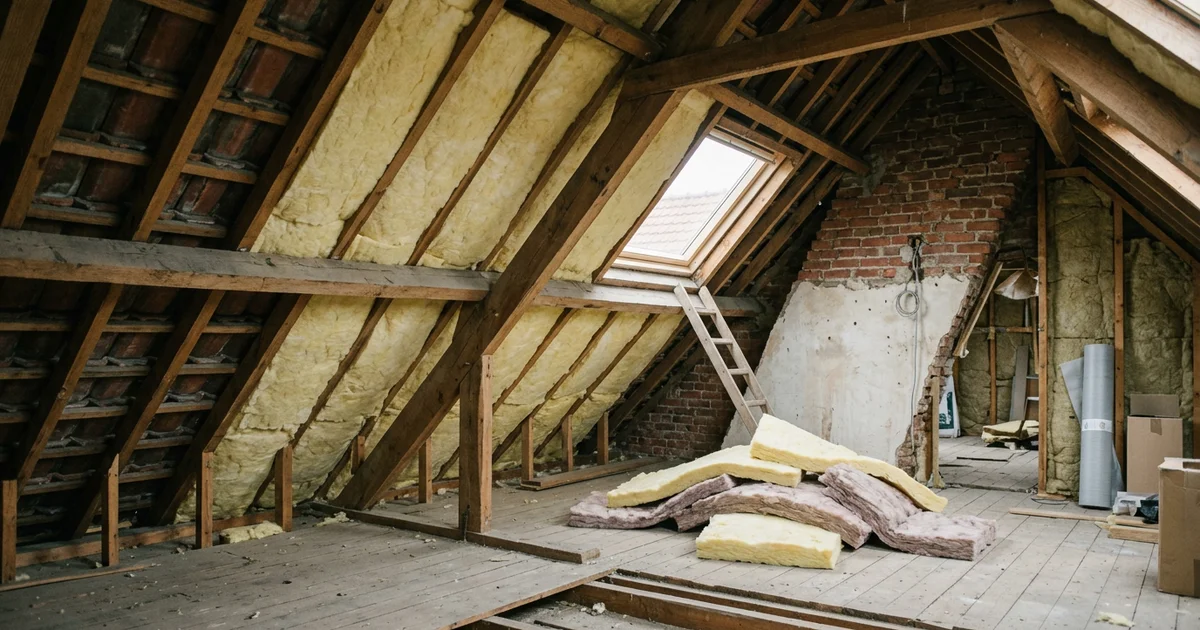 Onafgewerkte zolder met kepers waartussen gele isolatie is geplaatst