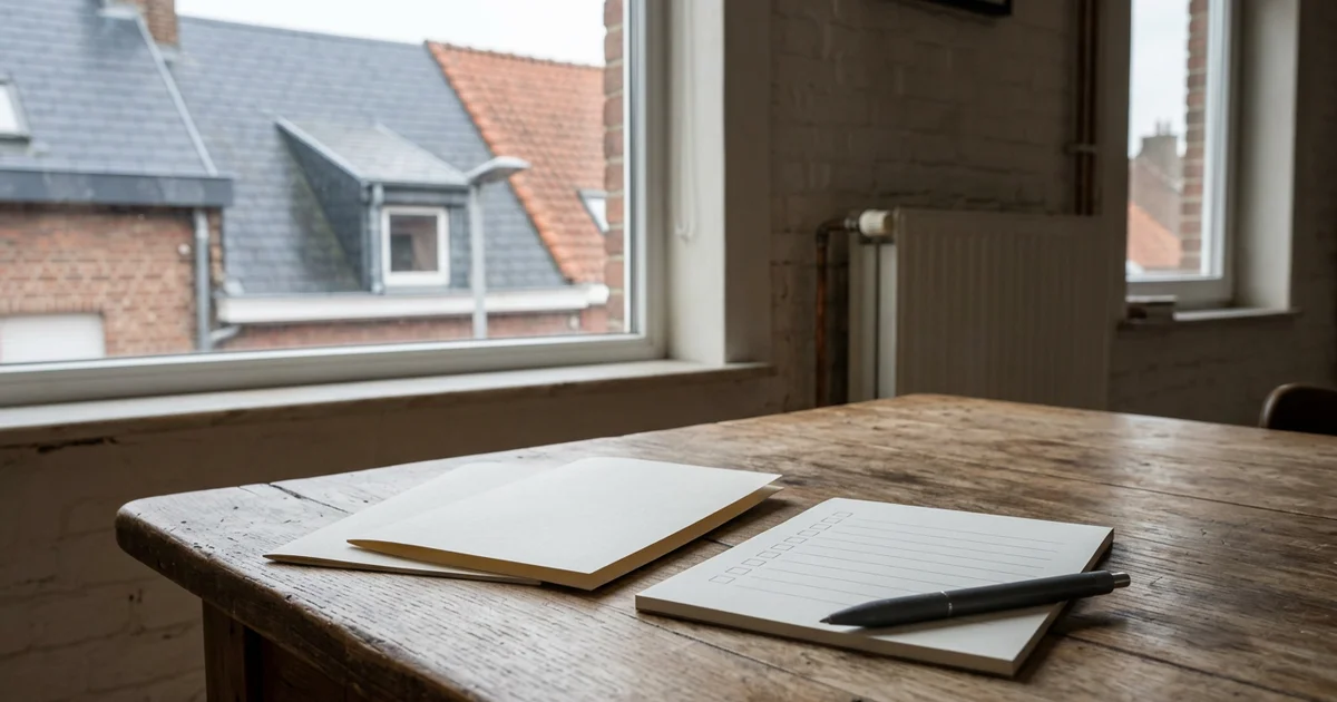 Twee bedrijfsfolders en een notitieblok met afvinklijst op een tafel