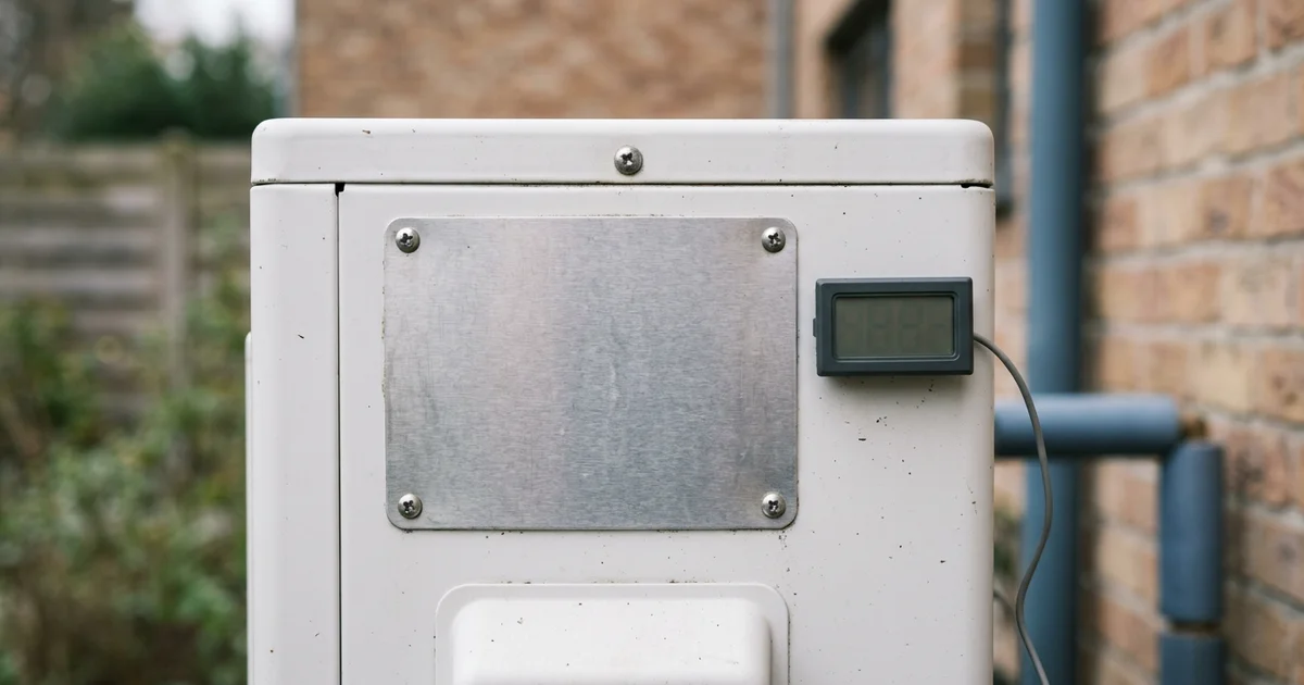 Warmtepomp met technische plaat en thermometer bij de buitenunit