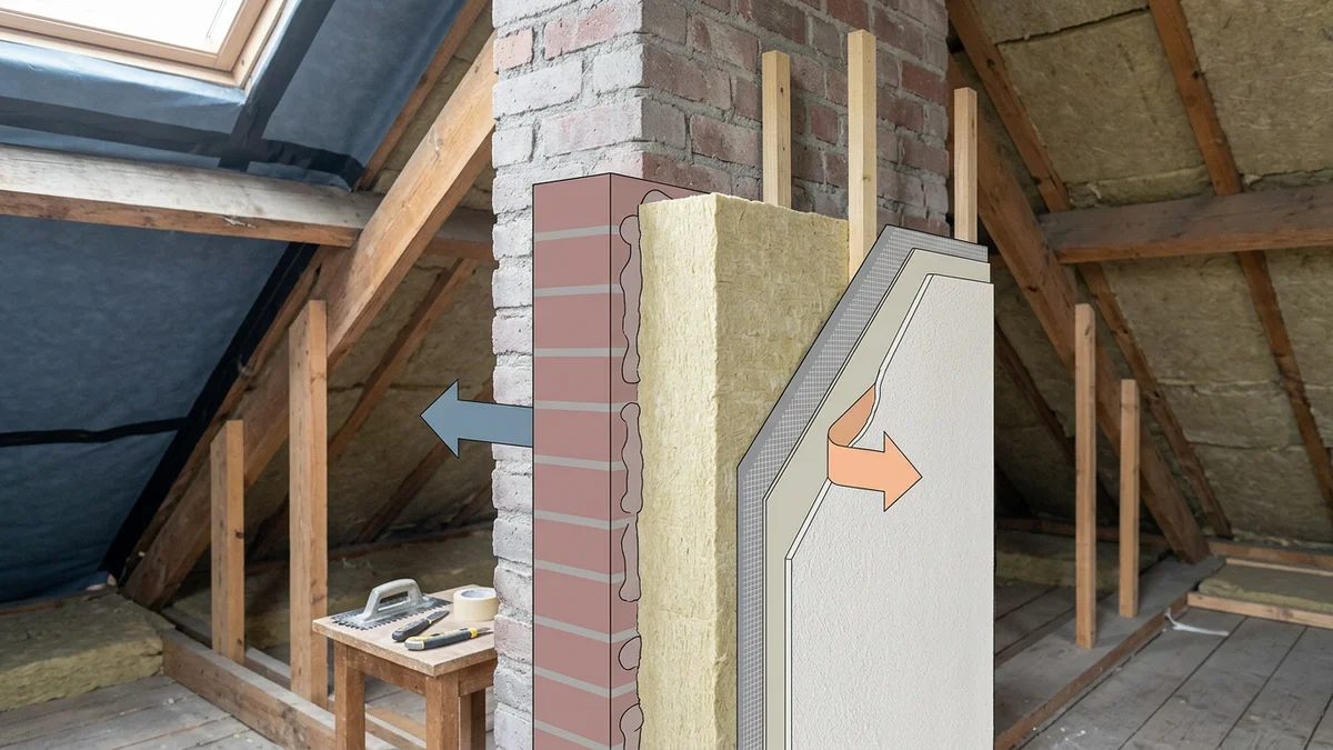 Doorsnede van een muur met isolatieplaten, wapening en pleisterlaag aan de buitenkant