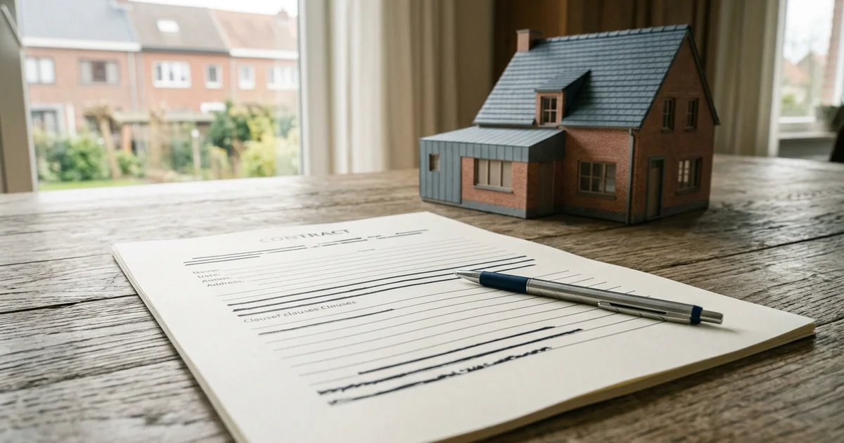Contract met lege regels en een pen op een tafel voor een klein dakmodel