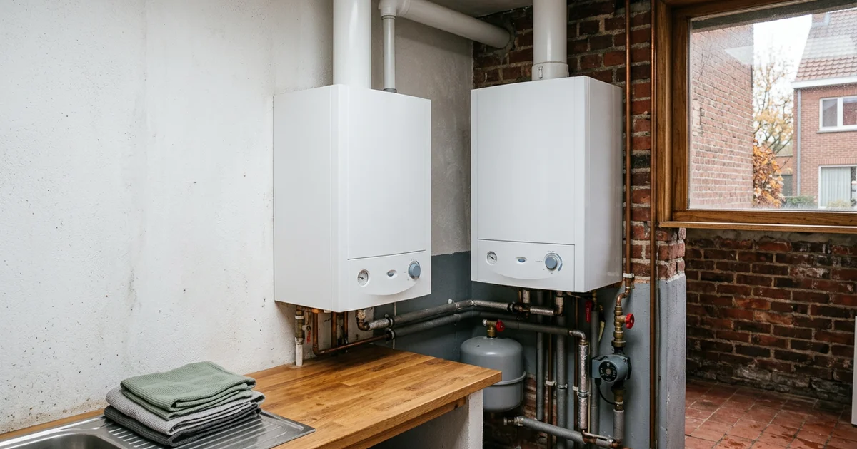Witte wandgasketel met rookgasafvoer in een bijkeuken van een Vlaamse woning