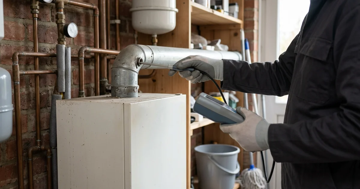 Technicus meet de rookgassen van een oude gasketel in een berging
