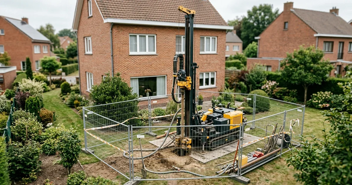 Boorinstallatie in een tuin voor een verticale boring van een geothermische warmtepomp