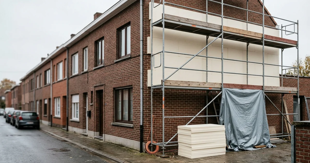 Rijwoning met stelling en gedeeltelijk bekleed met witte isolatieplaten