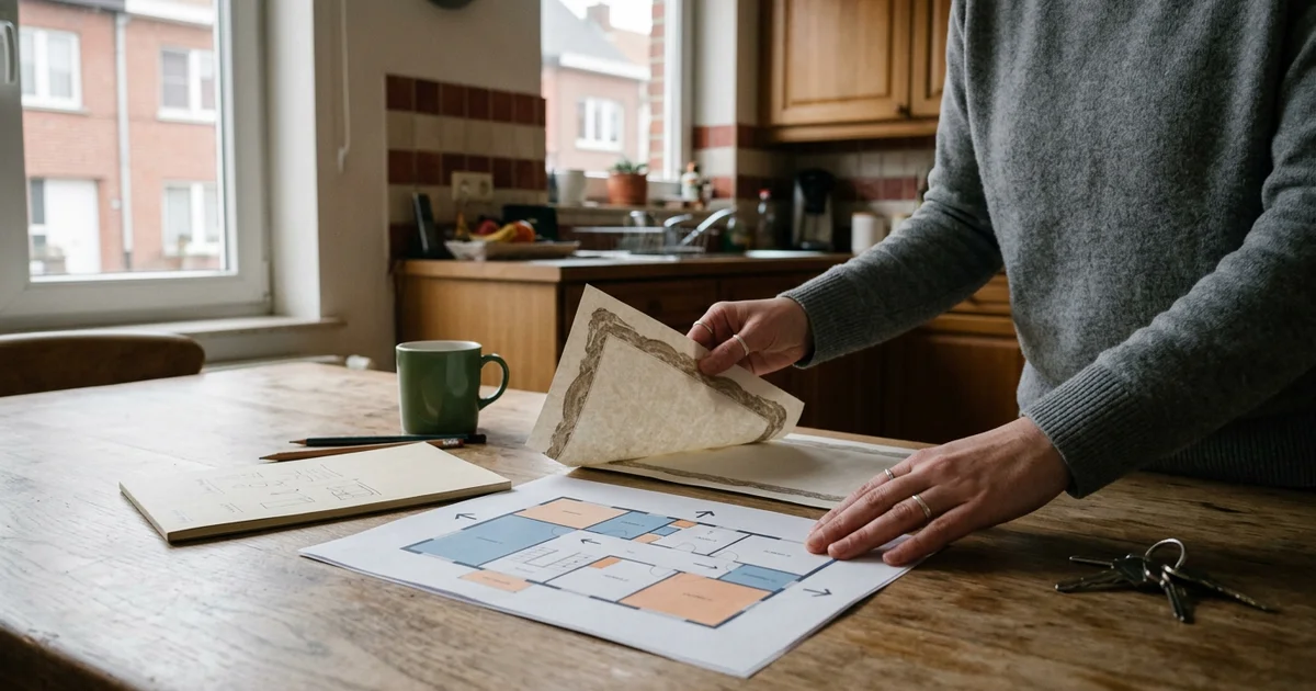 Bewoner controleert documenten van een aannemer naast een plan van de woning