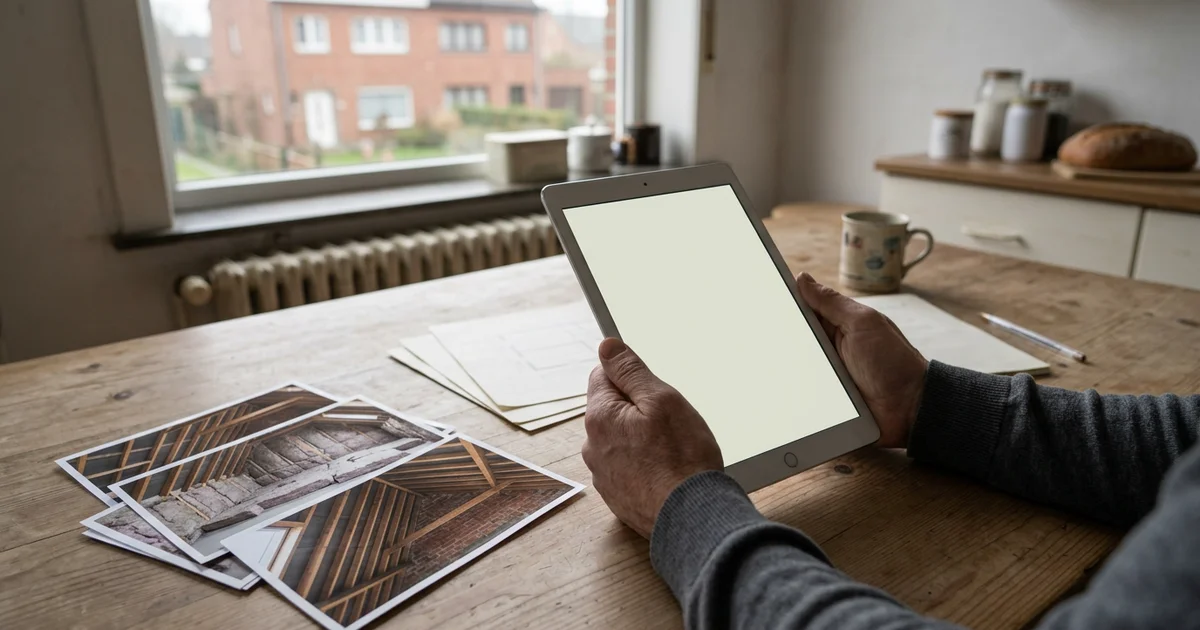 Bewoner vult op een tablet een offerteaanvraag in naast foto's van een zolder