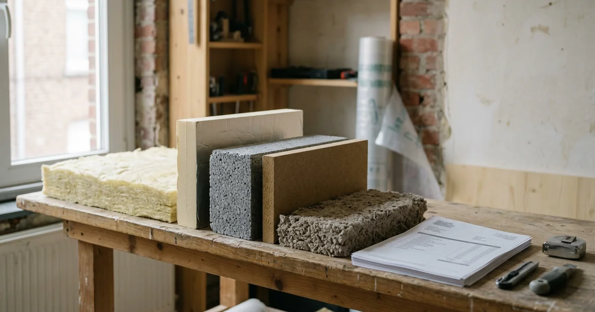Stalen van isolatiemateriaal en een prijslijst naast elkaar op een werktafel