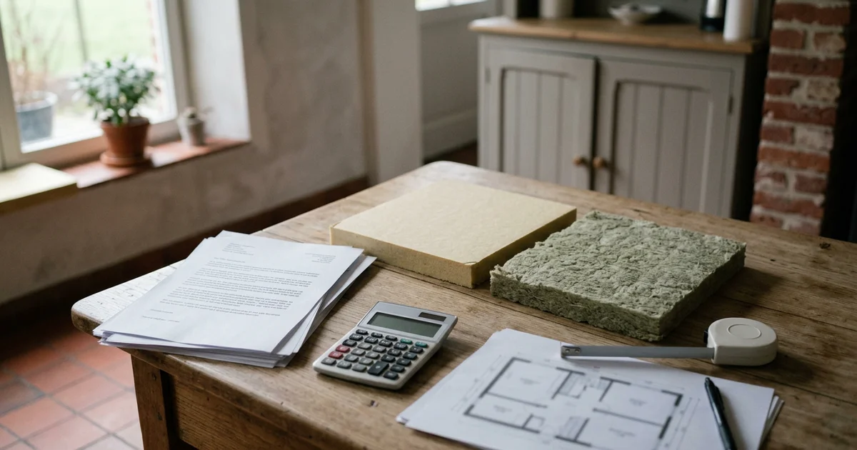 Offerte en rekenblad op een keukentafel naast een stalen van isolatiemateriaal