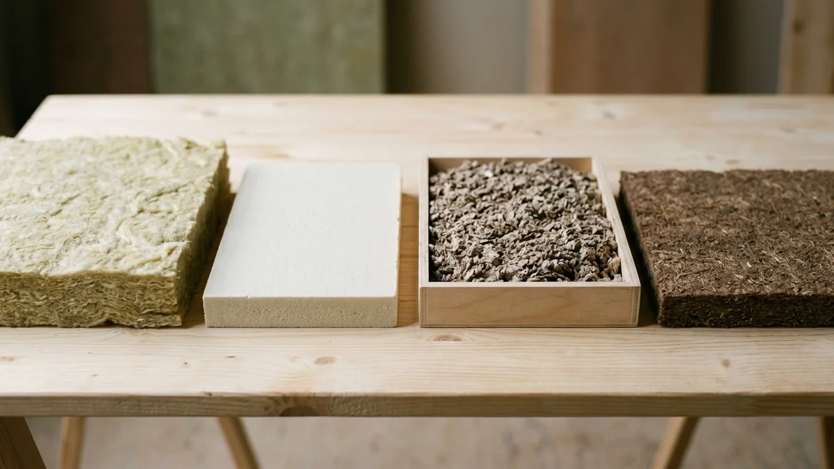 Vier witte en gele isolatiestalen met verschillende structuur op een houten tafel