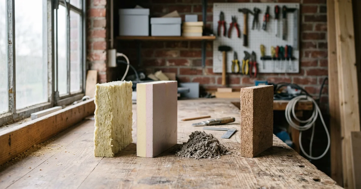 Stalen van verschillende isolatiematerialen naast elkaar op een werktafel