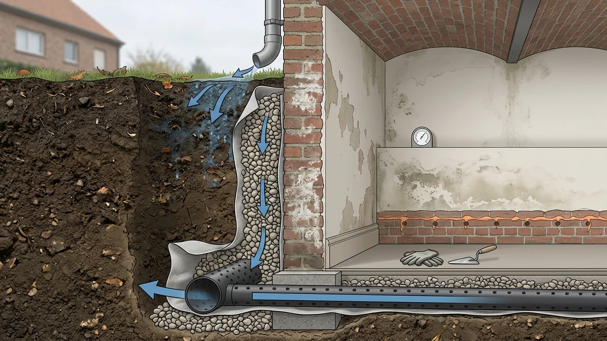Doorsnede van een kelderwand met drainagebuis en filterdoek