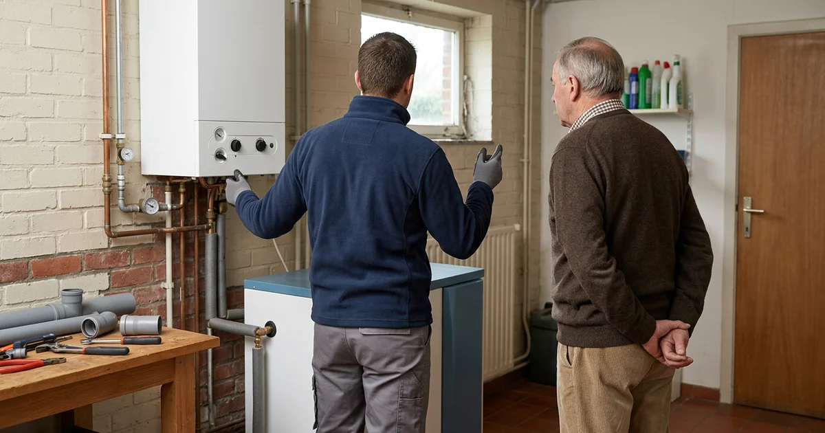 Installateur en bewoner bespreken een ketelvervanging in de berging