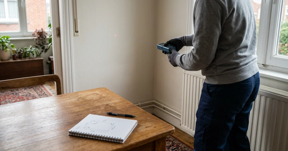 Technicus meet een woonkamer op met een laserafstandsmeter