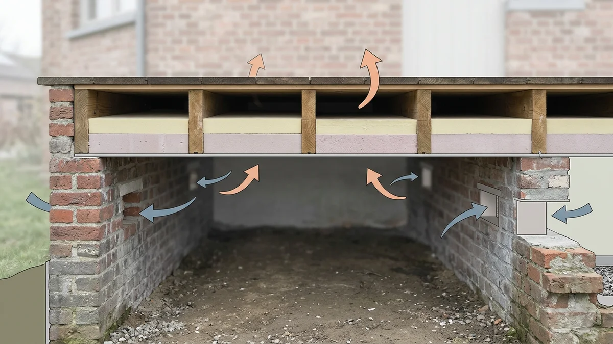 Doorsnede van een geventileerde kruipruimte met isolatie onder de houten vloer