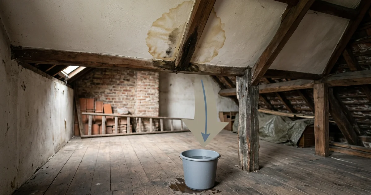 Waterplek op een plafond met een emmer op de vloer eronder