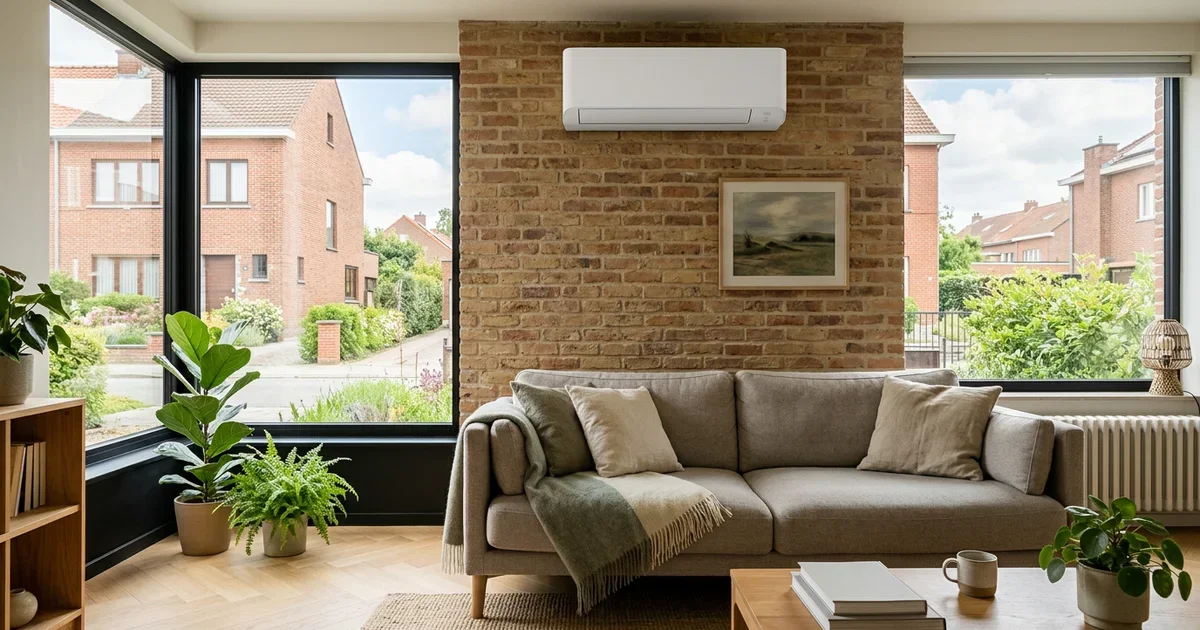 Binnenunit van een lucht-lucht warmtepomp aan de muur van een woonkamer