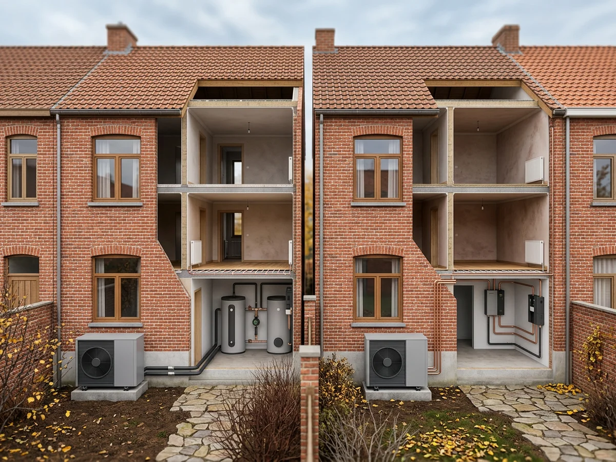 Doorsnede van twee woningen die het verschil tonen tussen monoblock en split