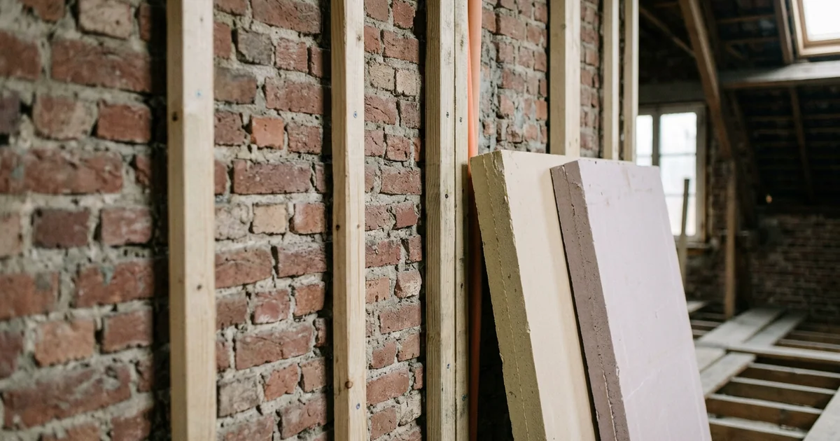 Kale binnenmuur van een woning met houten latten en isolatieplaten ertegen