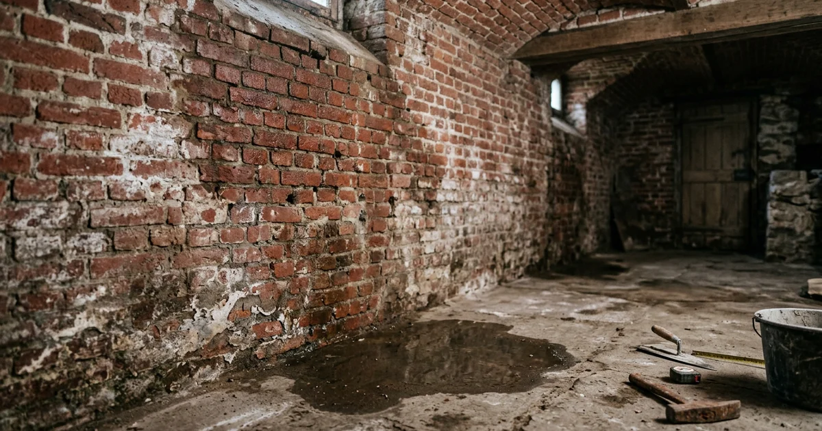 Vochtige bakstenen kelderwand met een plas water op de vloer
