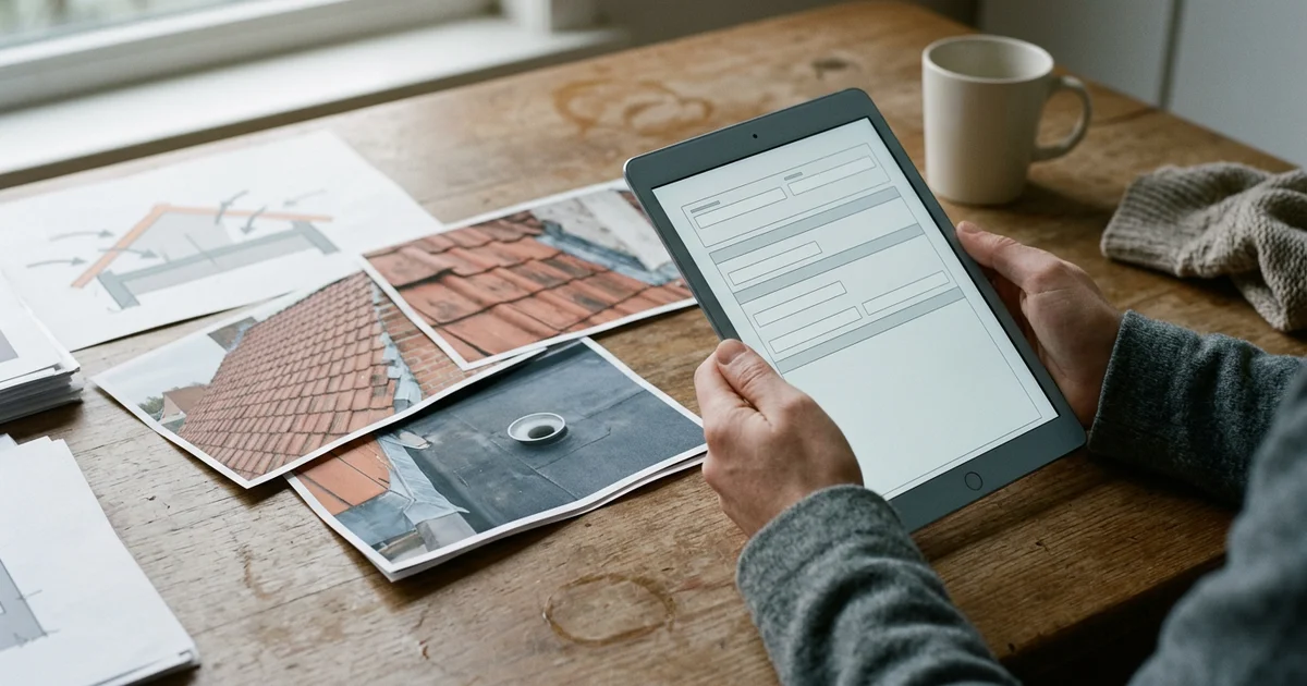 Bewoner vult op een tablet een offerteaanvraag in naast foto's van een dak