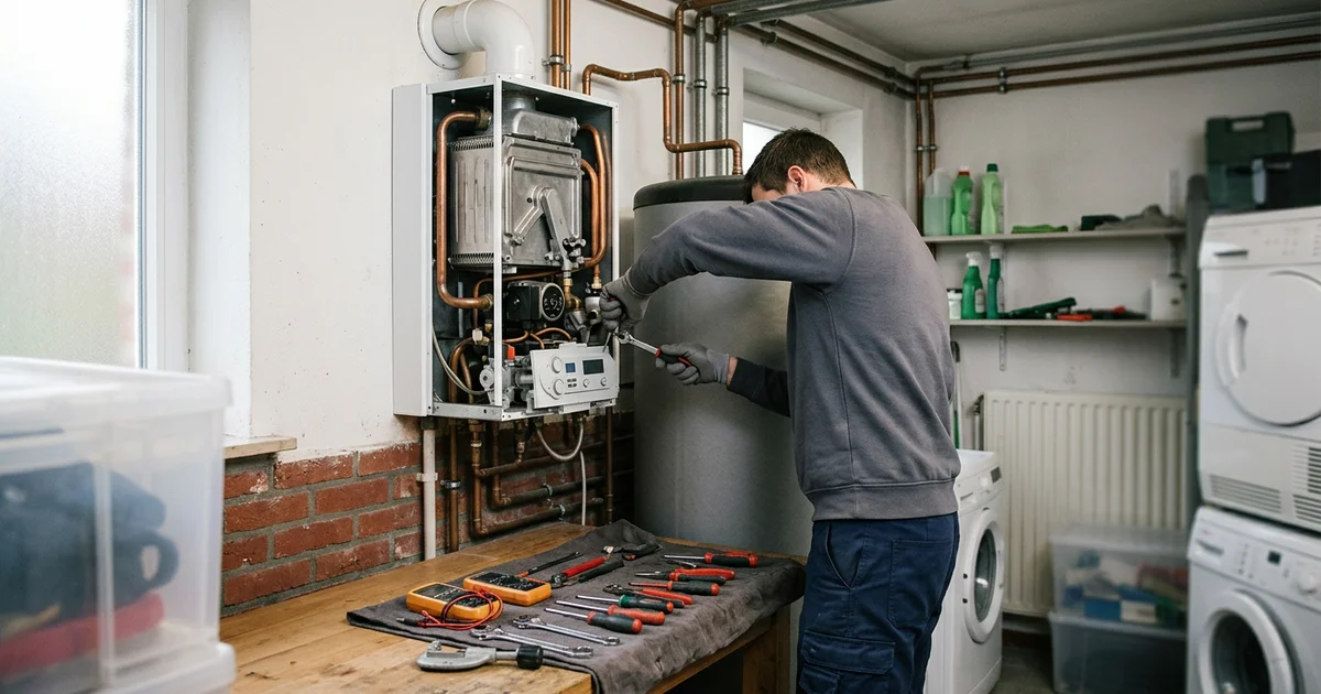 Technicus onderhoudt een wandketel met geopend frontpaneel
