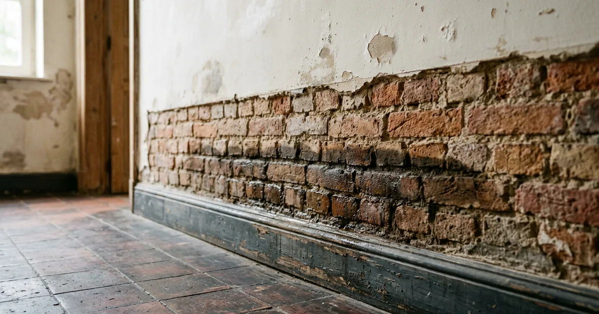 Onderste deel van een baksteenmuur met vochtrand en afbladderende pleister