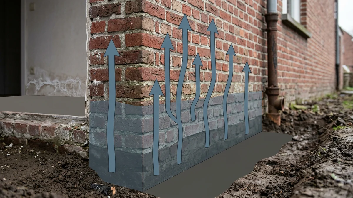 Doorsnede van een muur waarin water uit de grond omhoog trekt