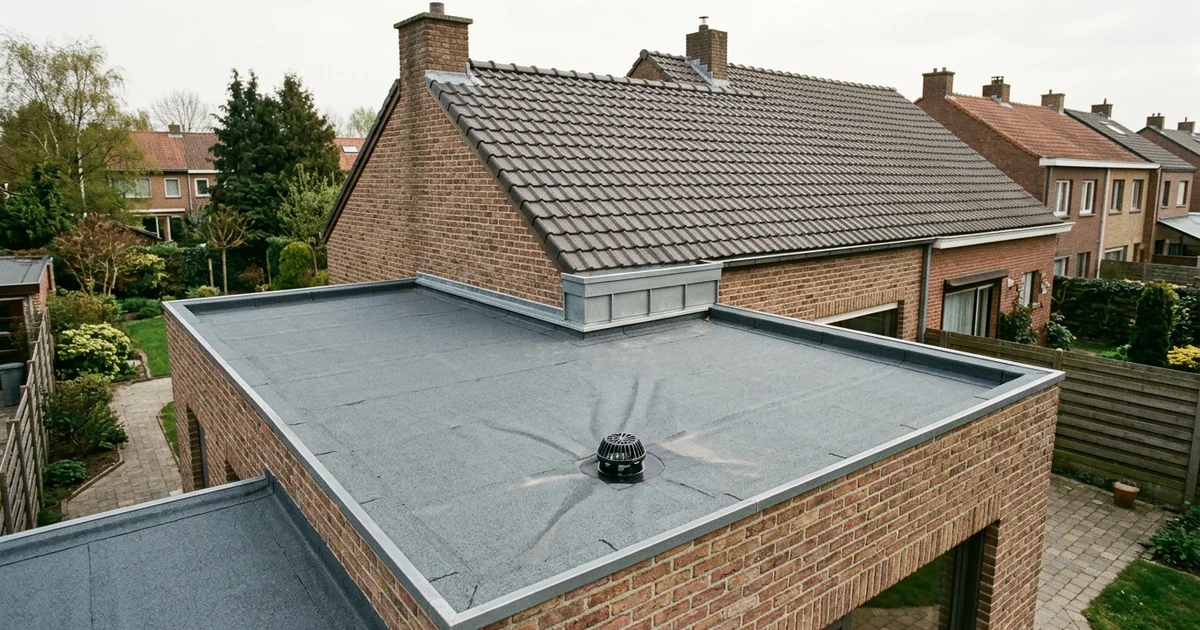 Plat dak van een uitbouw met donkere afdichting, een dakafvoer en een kleine opstand