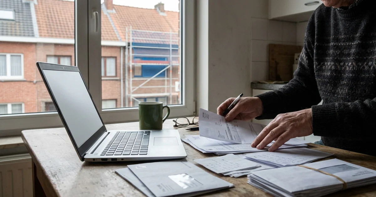 Eigenaar sorteert documenten en een factuur aan een keukentafel