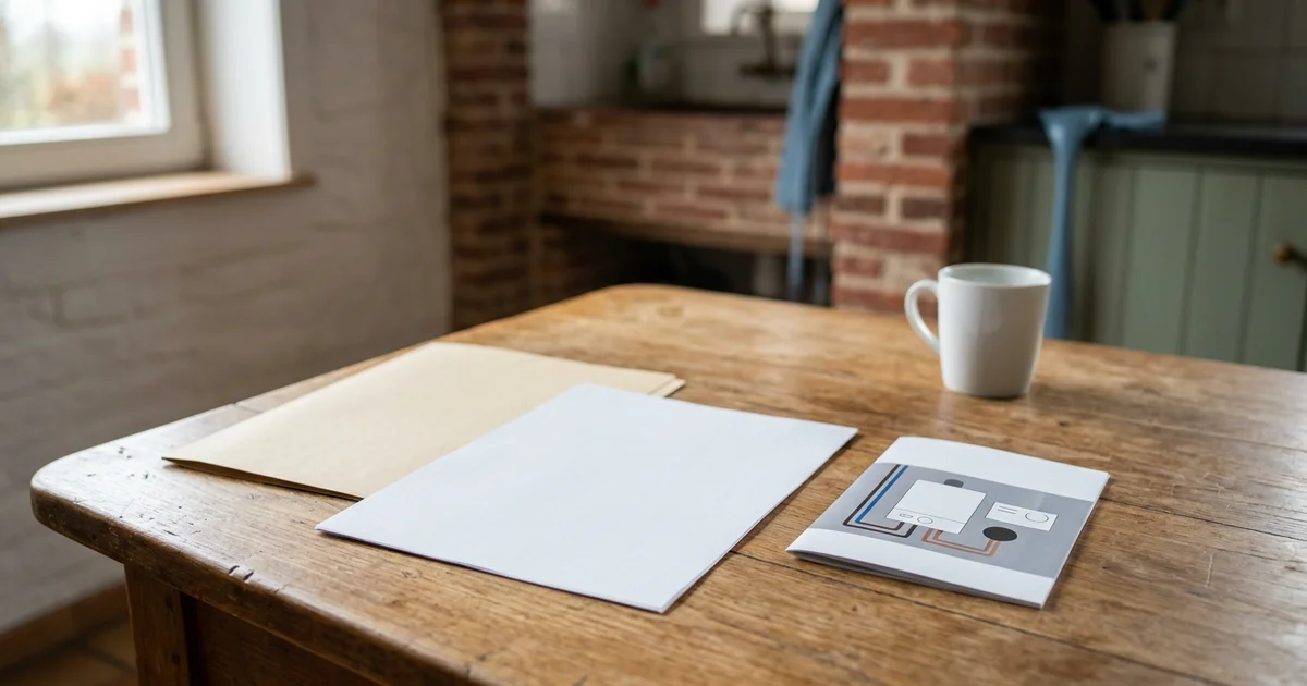 Aanvraagformulier en woningdossier op een keukentafel naast een ketelfiche