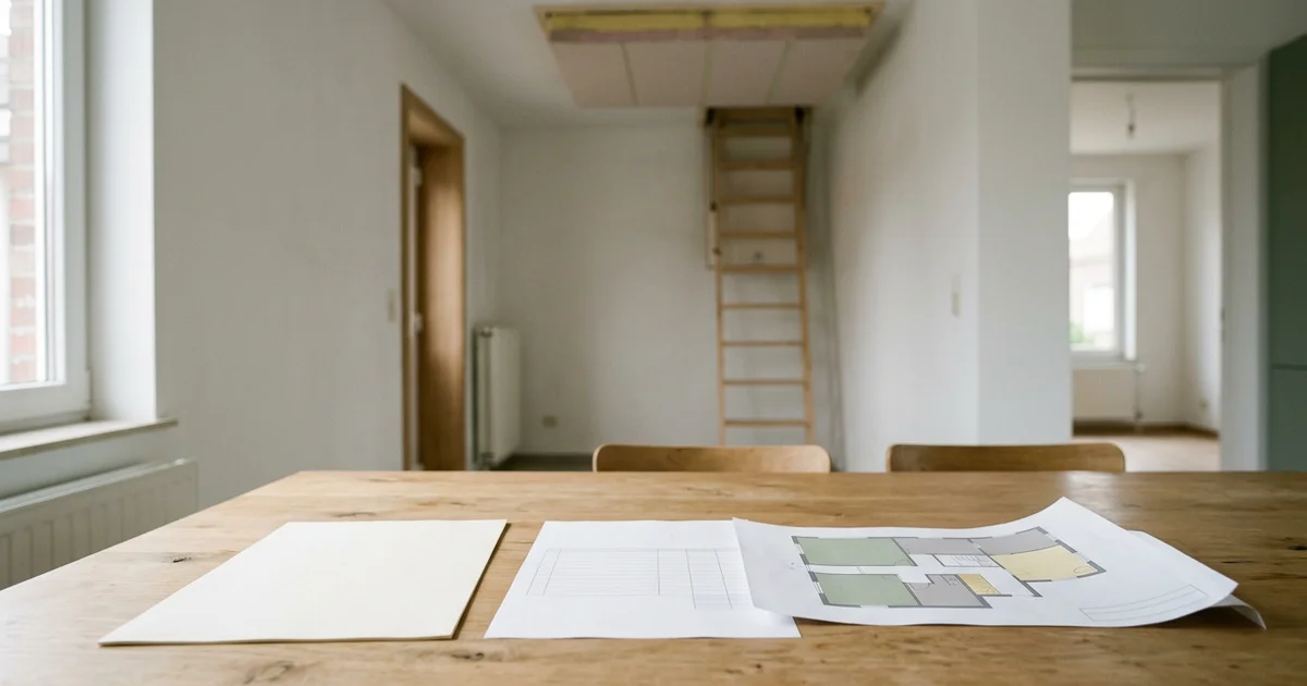 Documenten en een factuur op een keukentafel bij een afgewerkte zolderisolatie