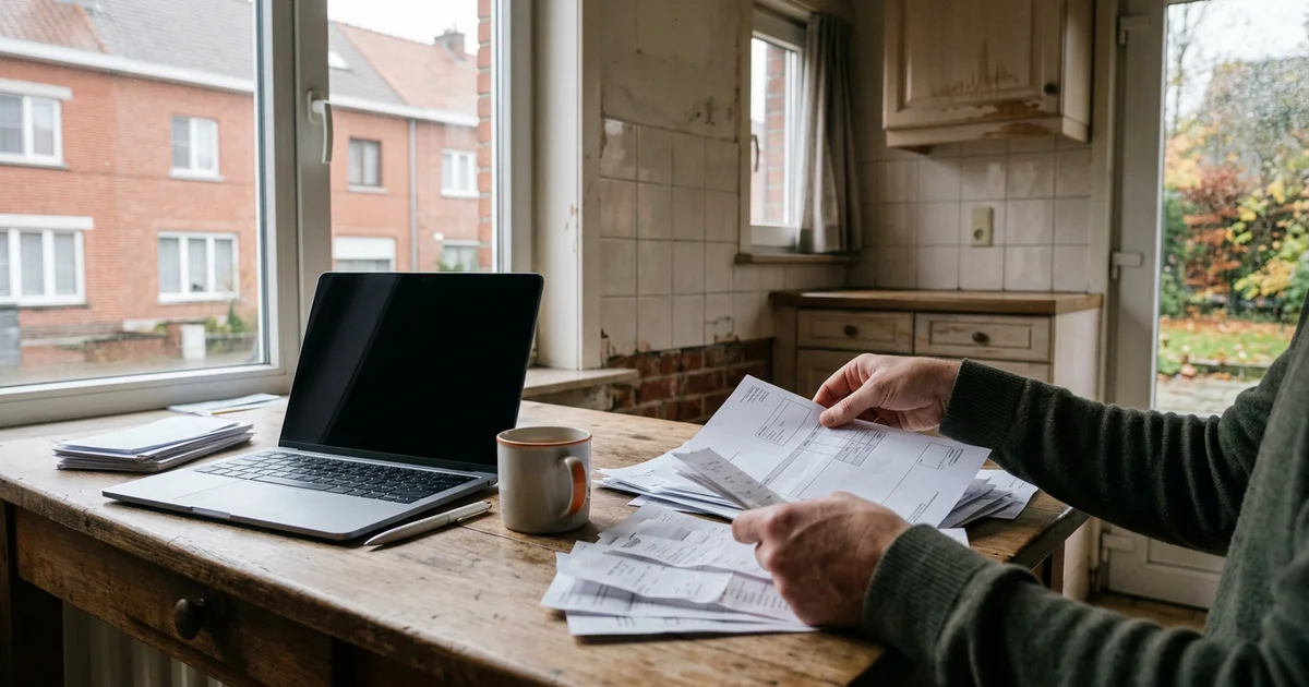 Eigenaar bekijkt documenten en een factuur aan een keukentafel