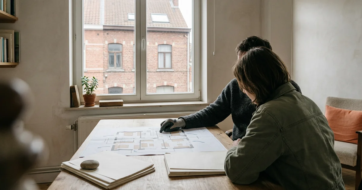 Twee mensen bekijken plannen aan een tafel met een oude rijwoning buiten