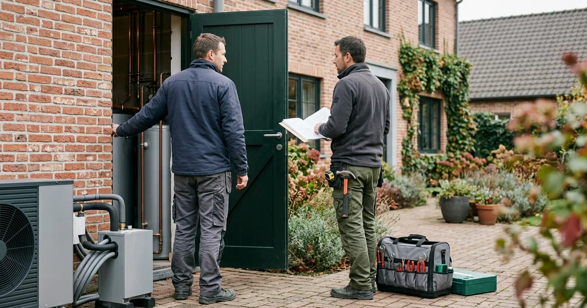 Twee installateurs bespreken de plaatsing van een warmtepomp in de technische ruimte
