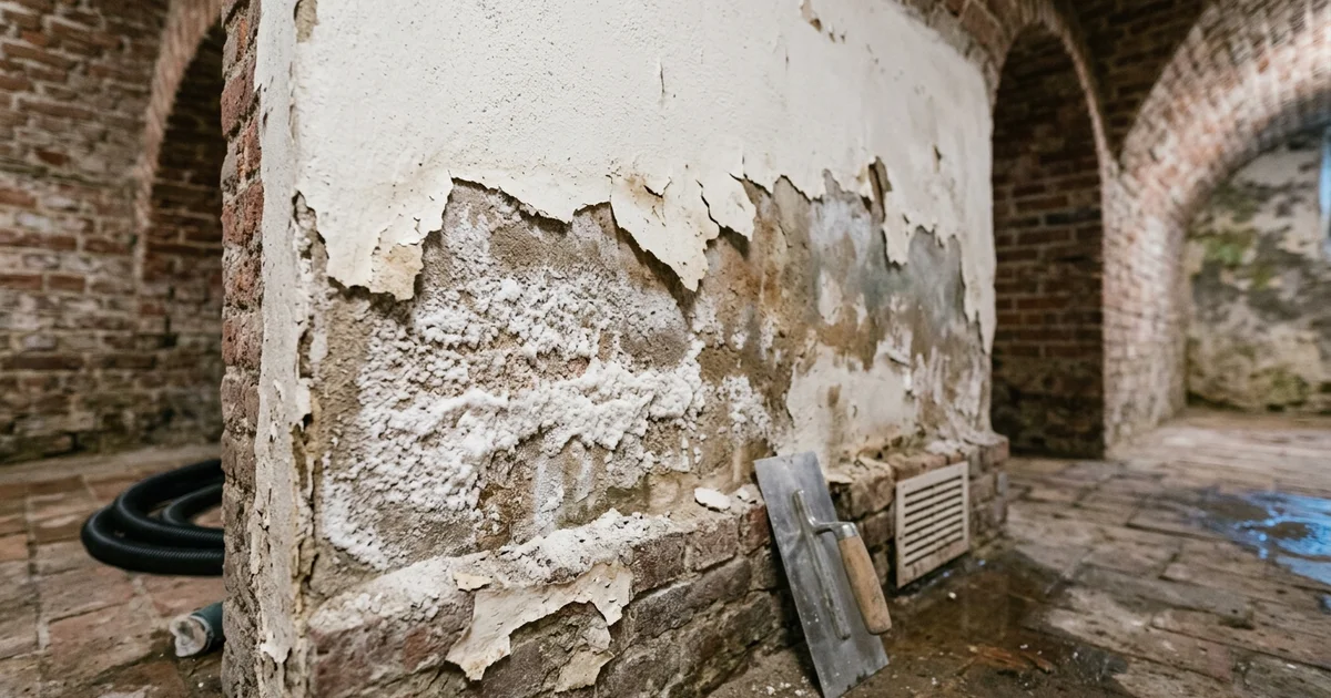 Witte zoutuitbloei op een gepleisterde keldermuur