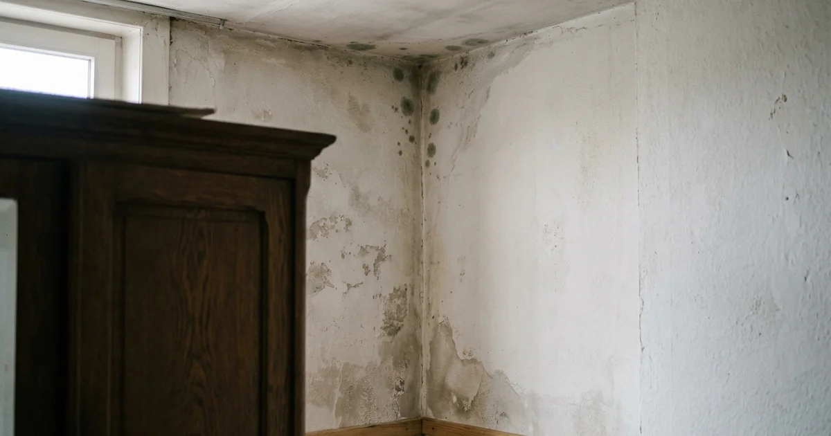 Kleine schimmelvlekken in de hoek van een koude slaapkamermuur