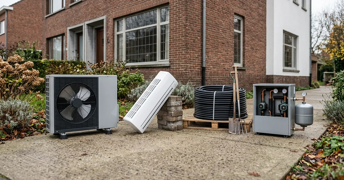 Vier soorten warmtepompeenheden naast elkaar voor een baksteenwoning