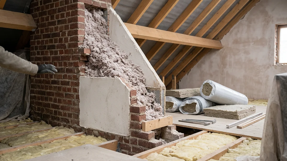 Doorsnede van een spouwmuur met gevulde spouw tussen twee muurbladen