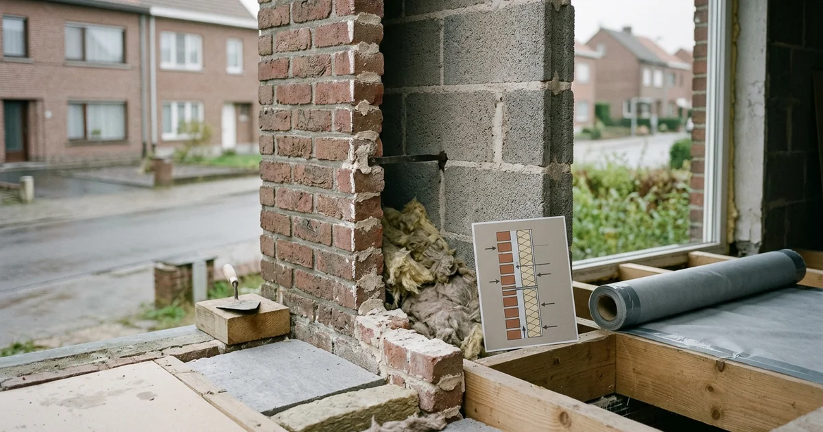 Hoek van een bakstenen gevel met een geopend stuk spouwmuur