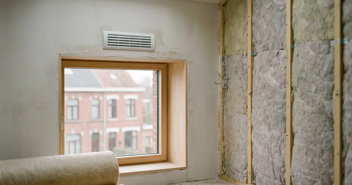 Ventilatierooster boven een raam in een pas geïsoleerde Vlaamse slaapkamer