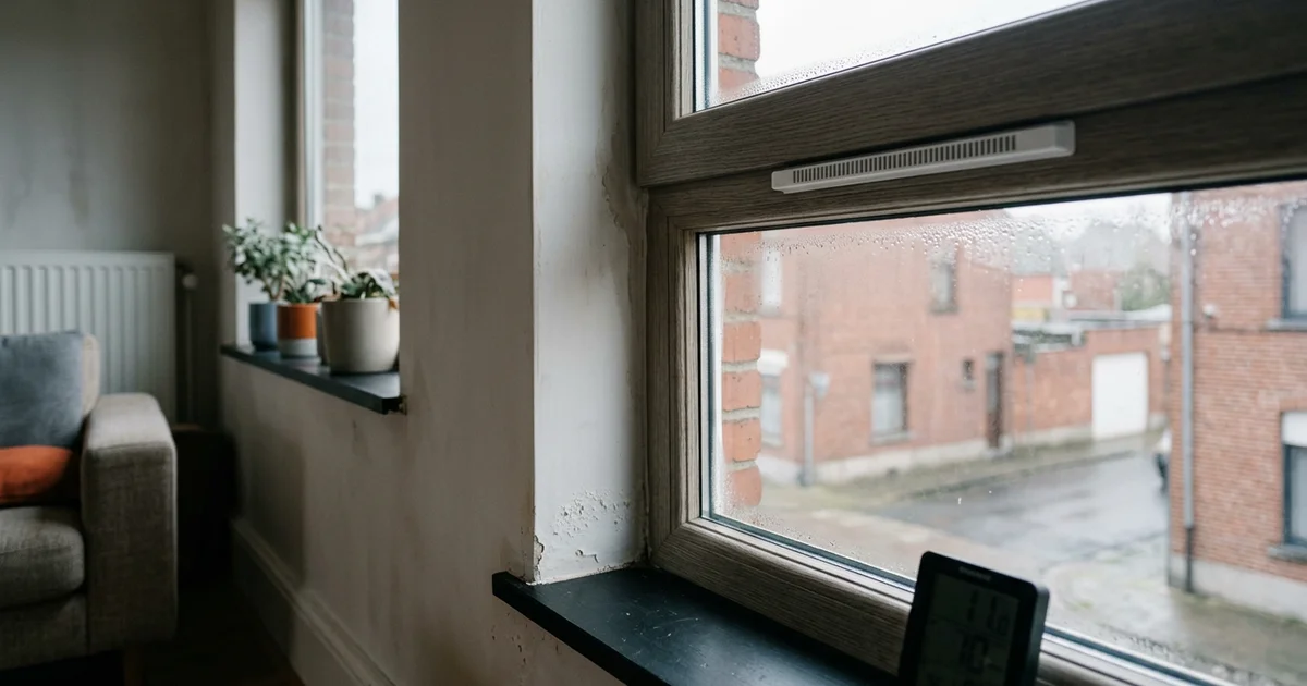 Raamrooster boven een raam in een woonkamer met lichte vochtsporen
