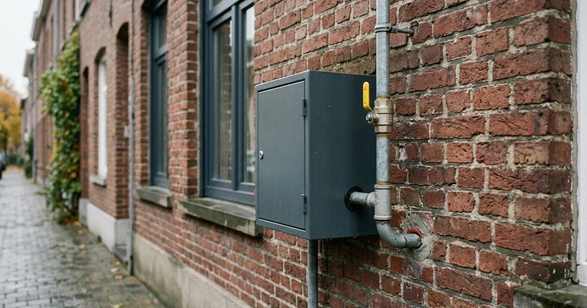 Gasmeter en aansluitleiding aan de gevel van een Vlaamse rijwoning