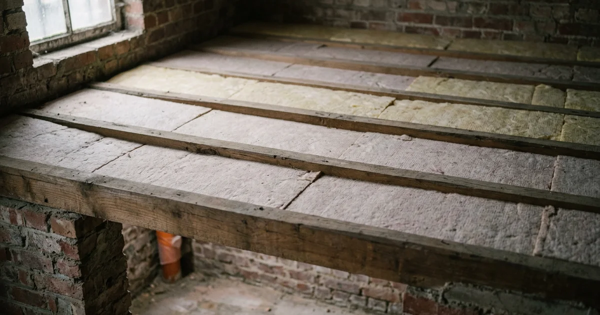 Kelderplafond met houten balken waartussen isolatieplaten zijn geplaatst
