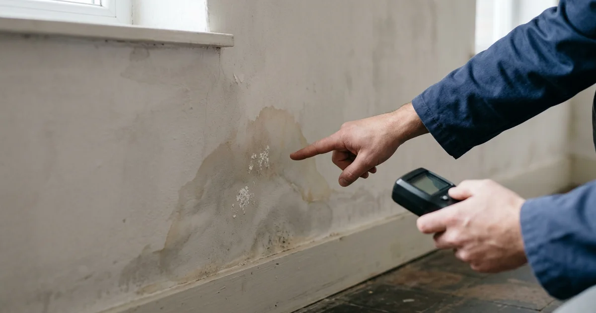 Hand wijst een vochtplek aan op een muur tijdens een inspectie