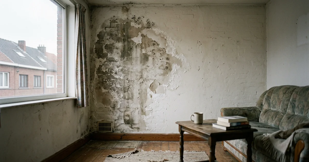 Vochtvlek op de muur van een huurappartement in een Vlaamse rijwoning