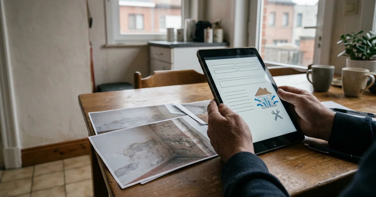 Bewoner vult op een tablet een offerteaanvraag in naast foto's van een vochtige muur