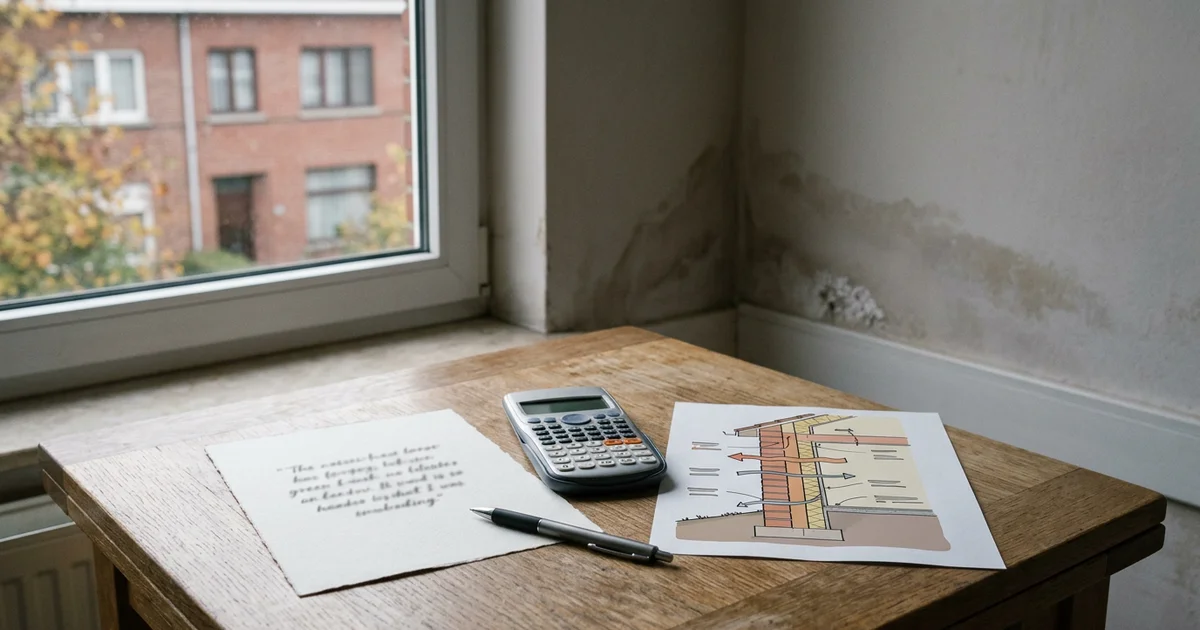 Offerte, rekenmachine en pen naast een tekening van een muurdoorsnede